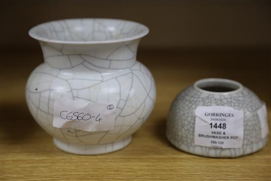 A Chinese crackle glaze vase, height 10cm and a beehive brushwasher pot